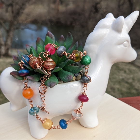 Rose Gold Rainbow Resin Beads Wire Wrapped Necklace Handmade Unique Cute - Picture 7 of 8